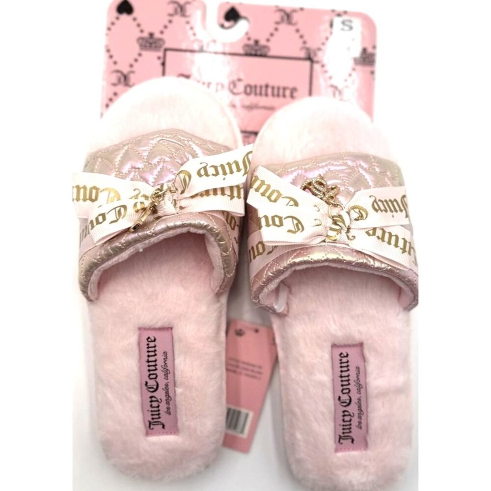 Juicy Couture Womens Plush Pink Slippers Size S With Quilted Logo Bow Design